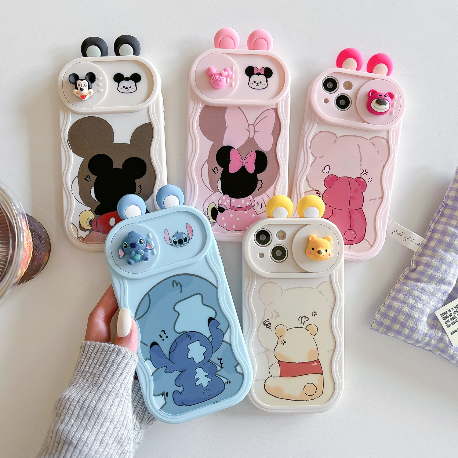 Ears Toy Cartoon Case for iPhone 7 8 Plus X XS Max XR 11 12 13 14 Plus 15 Pro Max Minnie Mickey Sliding Camera Wave Phone Case