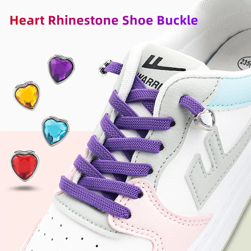 4PCS Heart Diamond Metal Shoe Buckle Flat Elastic Laces Sneakers Kids Adult Quick No Tie Shoelaces Lazy Rubber Bands Shoestrings