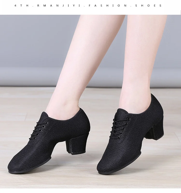 Women's Mesh Latin Teacher Dance Shoes 3.5/5cm Block Heel Lace Up Breathable Ballroom Salsa Sneaker Training Party Dancing Shoes