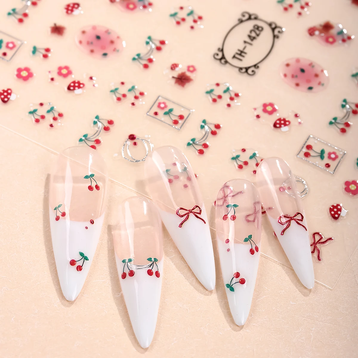 3D Creative Butterfly Cherry Nail Art Sticker Bow and Flowers Self-Adhesive Decals for Manicure Slider Nail Decoration DIY