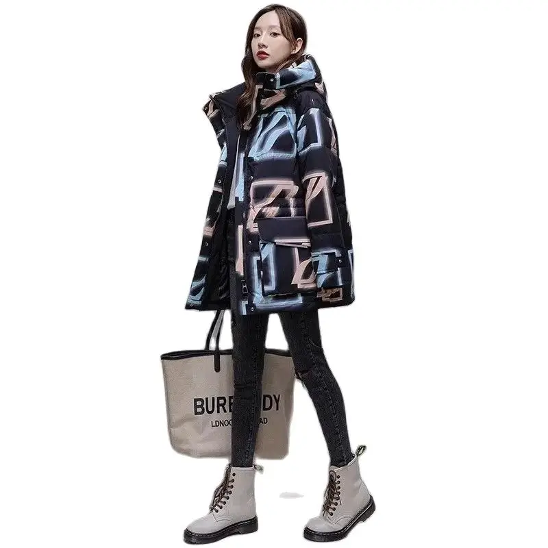 2023 Winter New Korean Version Loose Fit Women's Down Coat Leisure Warmth Colored Plaid Printing Fashion Casual Windproof Coat B