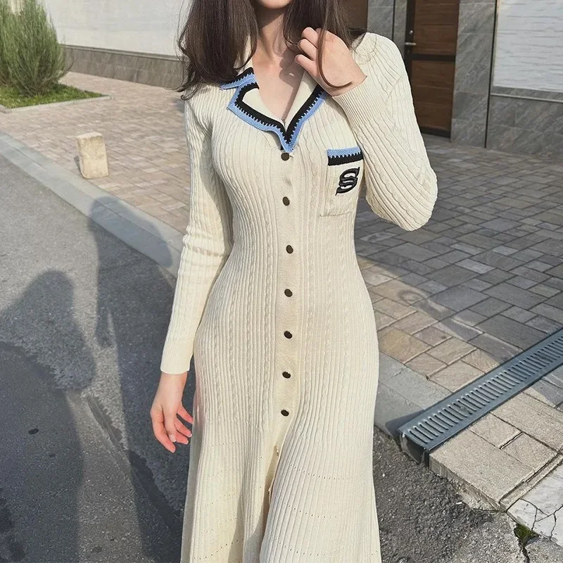 

2024 New Autumn Winter Elegant Knitted Sweater Dress Women Brand Fashion Embroidery Pocket Long Sleeve Shirt Dress Vestidos