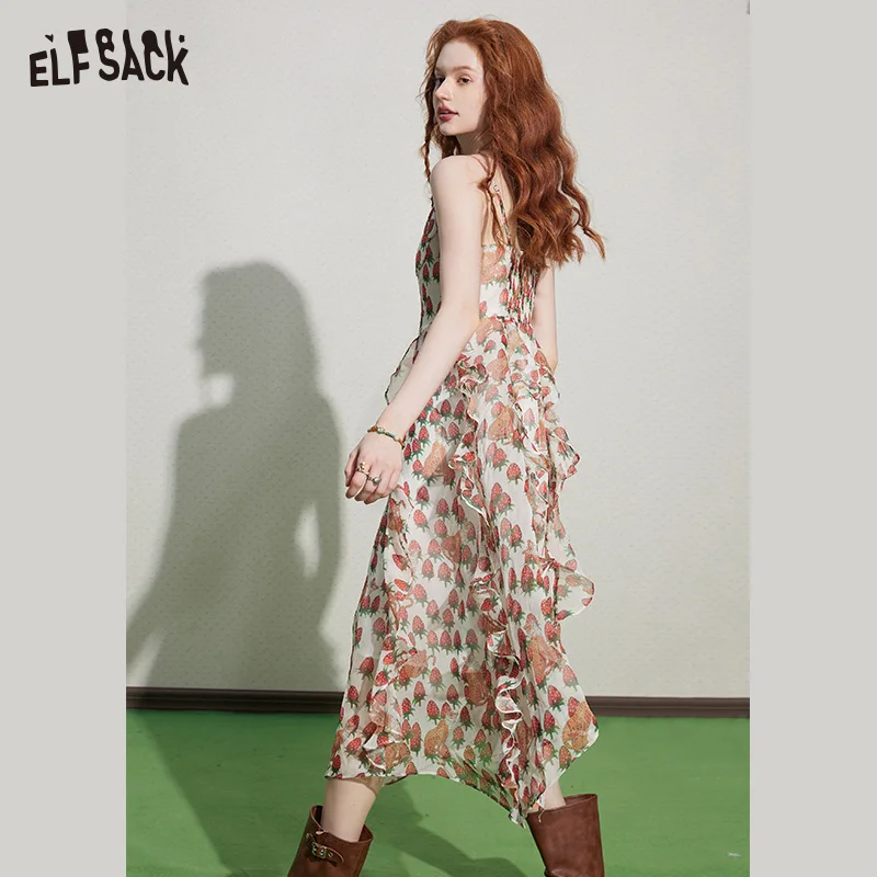 ELFSACK  French Floral Dresses  Woman 2023 Summer/Autumn  Waist Sleeveless Daily Dress