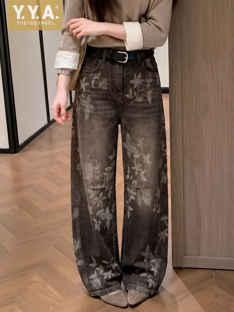 Fashion Women High Waist Shiny Embroidery Jeans Casual Loose Fit Distressed Wide Leg Pants Ladies Autumn Denim Straight Trousers