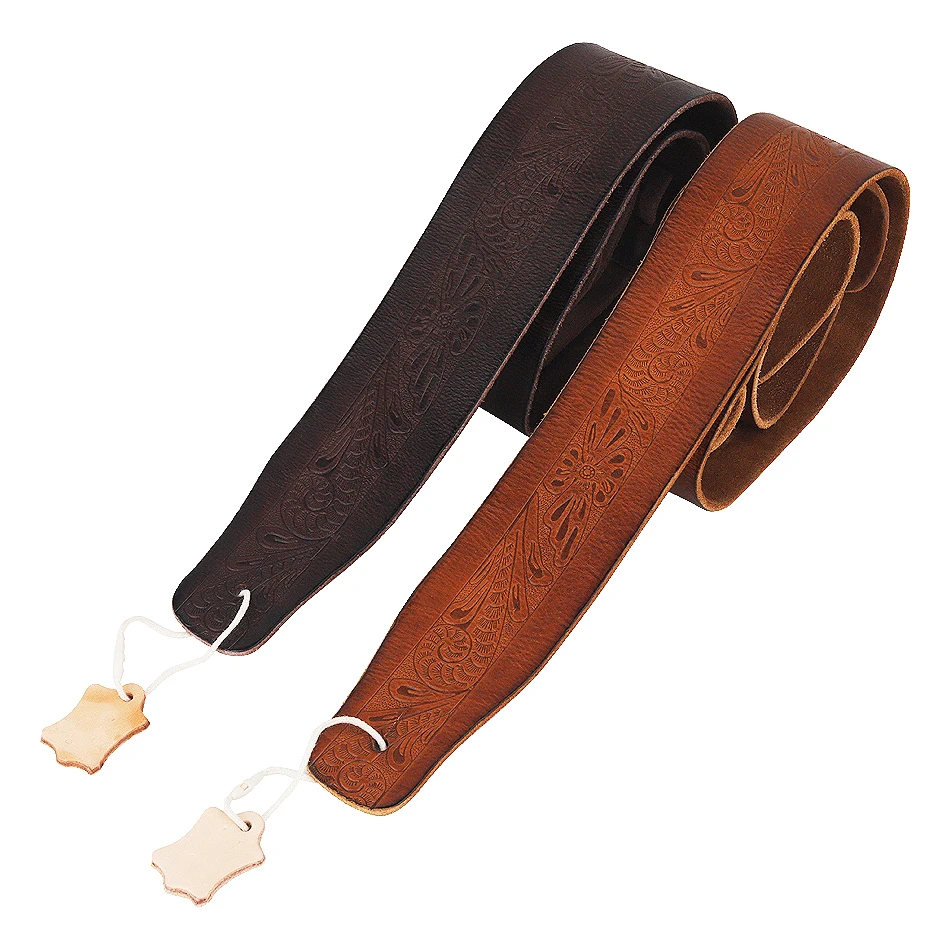 Upper Leather Guitar Strap 2.5' Wide Embossed Design Acoustic Classical Guitar Belt Electric Guitar Bass Full Grain Leather