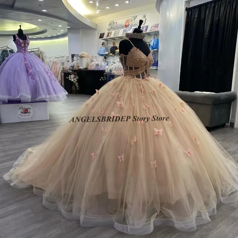 ANGELSBRIDEP шампанское милое 16 Quinceanera платья бальное платье Сексуальное V-образный вырез Спагетти ремень с бантом для 15 лет Мексиканская девушка