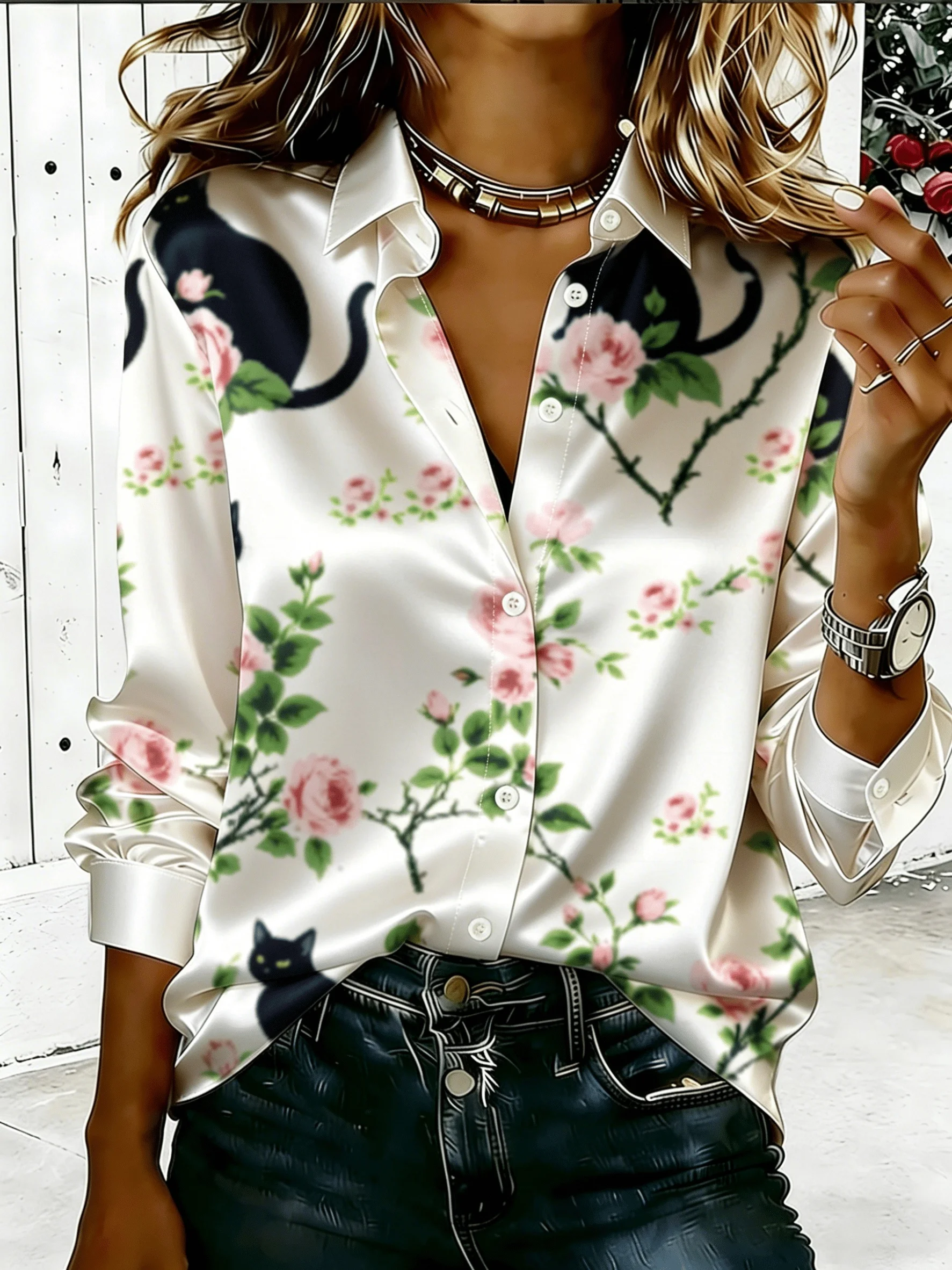 Women Long Sleeve Shirt Cat Floral Print Satin Button Down Lapel Casual Daily Fashion Women's Clothing