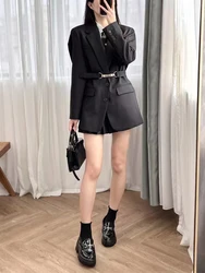 Fashion Commuter Set Women Notched Long Sleeve Chain Buttons Blazer or A-Line Pleated Mini Skirt Ladies Temperament Suit 2024