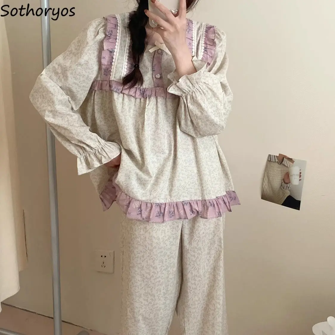 Retro Floral Pajama Sets Women Lace Patchwork Pleated Bow Panelled Long Sleeve Home Leisurewear Loose Sweet Girls Stylish Ins