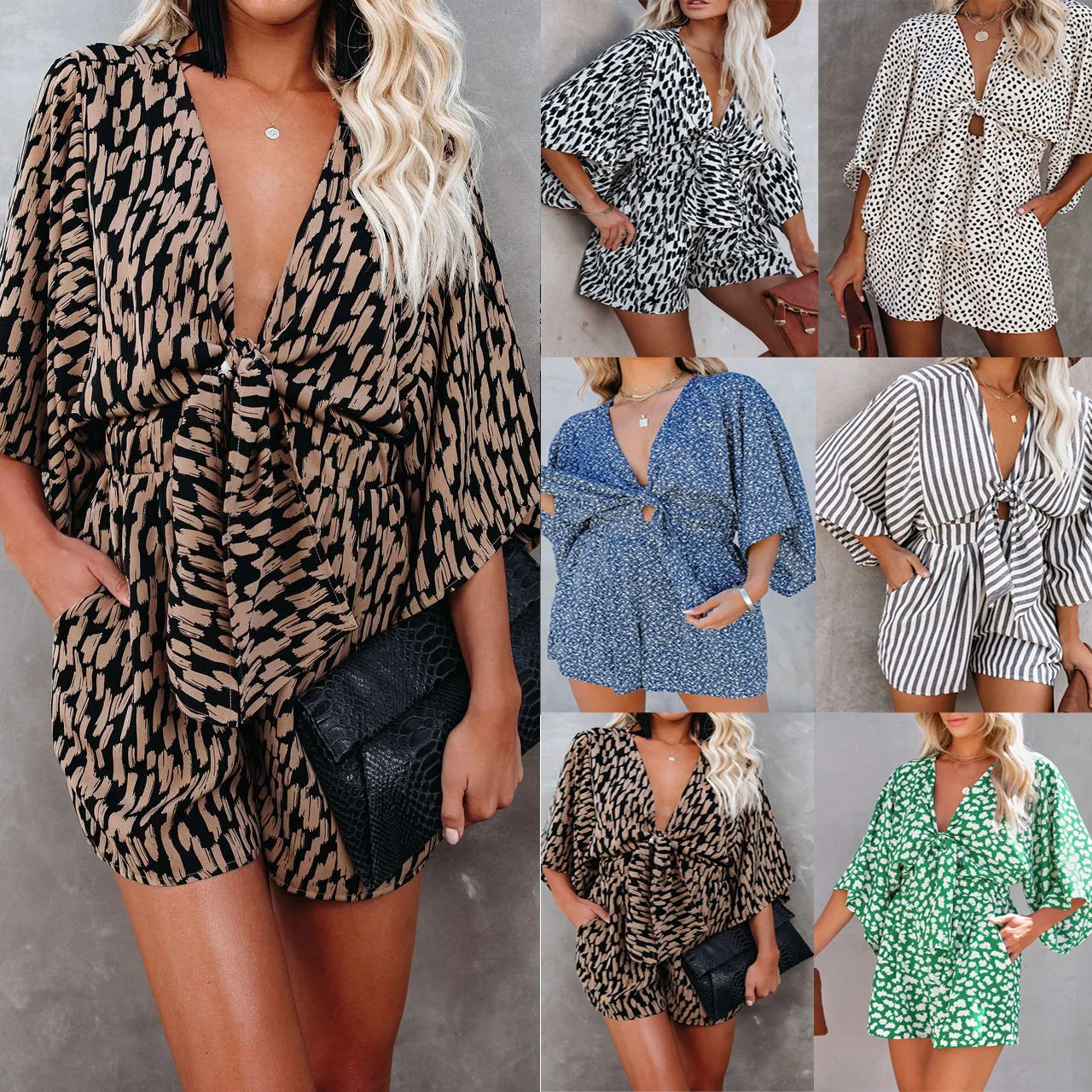 2022 ربيع وصيف جديد مثير الخامس الرقبة التعادل فضفاضة المنزل عطلة نمط بذلة للنساء