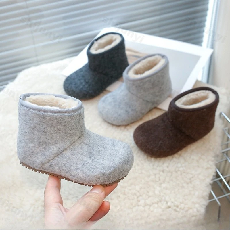 2025 Winter Boys' Retro Solid Warm Thickern Hairy Snow Boots Children Fashion Versatile Plush Comfortable Soft Sole Cotton Boots