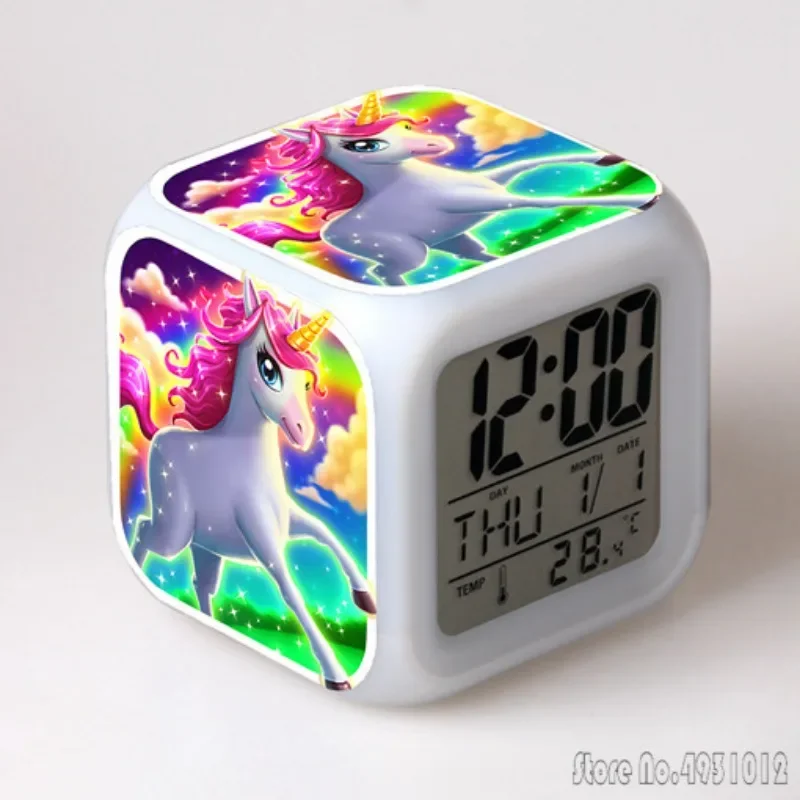 Anime Unicorn Cartoon Alarm Clock Creative Student 8x8x8cm LED Cube with Colorful Light Display Time Week Month