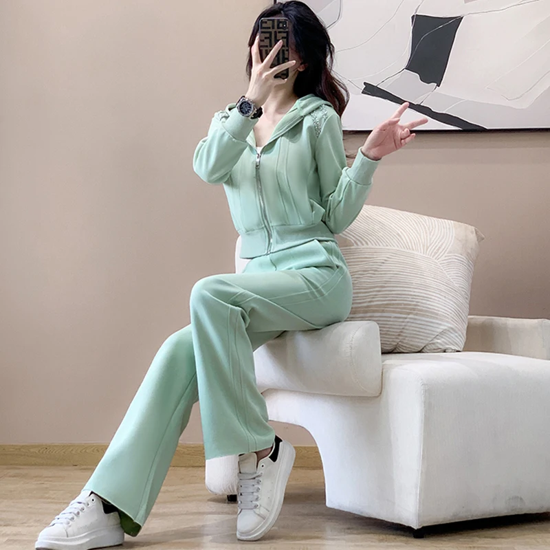 Women's Casual Sportswear Set Slim Fit Hoodie Street Style Trendy Two-Piece Suit Spring Autumn High-End Feeling Age-Defying