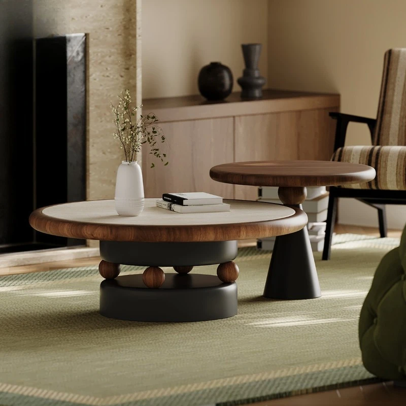 Travertine rock slab coffee table, household medieval high-end atmospheric size circle