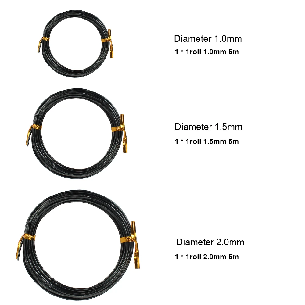 Anodyzowane aluminium druty Bonsai z drutu treningowego Bonsai o 3 rozmiarach (1.0mm,1.5mm,2.0mm) Łącznie 15m (czarny) 3 rolki