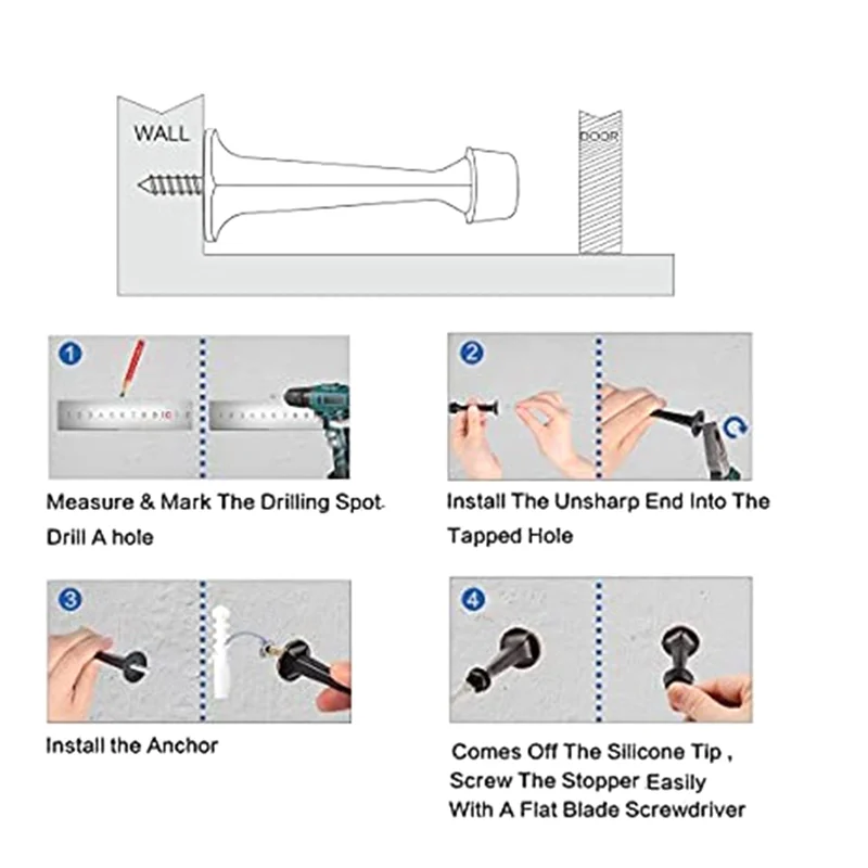 

A26F-12Pcs Heavy Duty Solid Rigid Door Stops With Rubber Tips Zinc Die Cast Zinc Alloy Door Stops For Walls&Doors