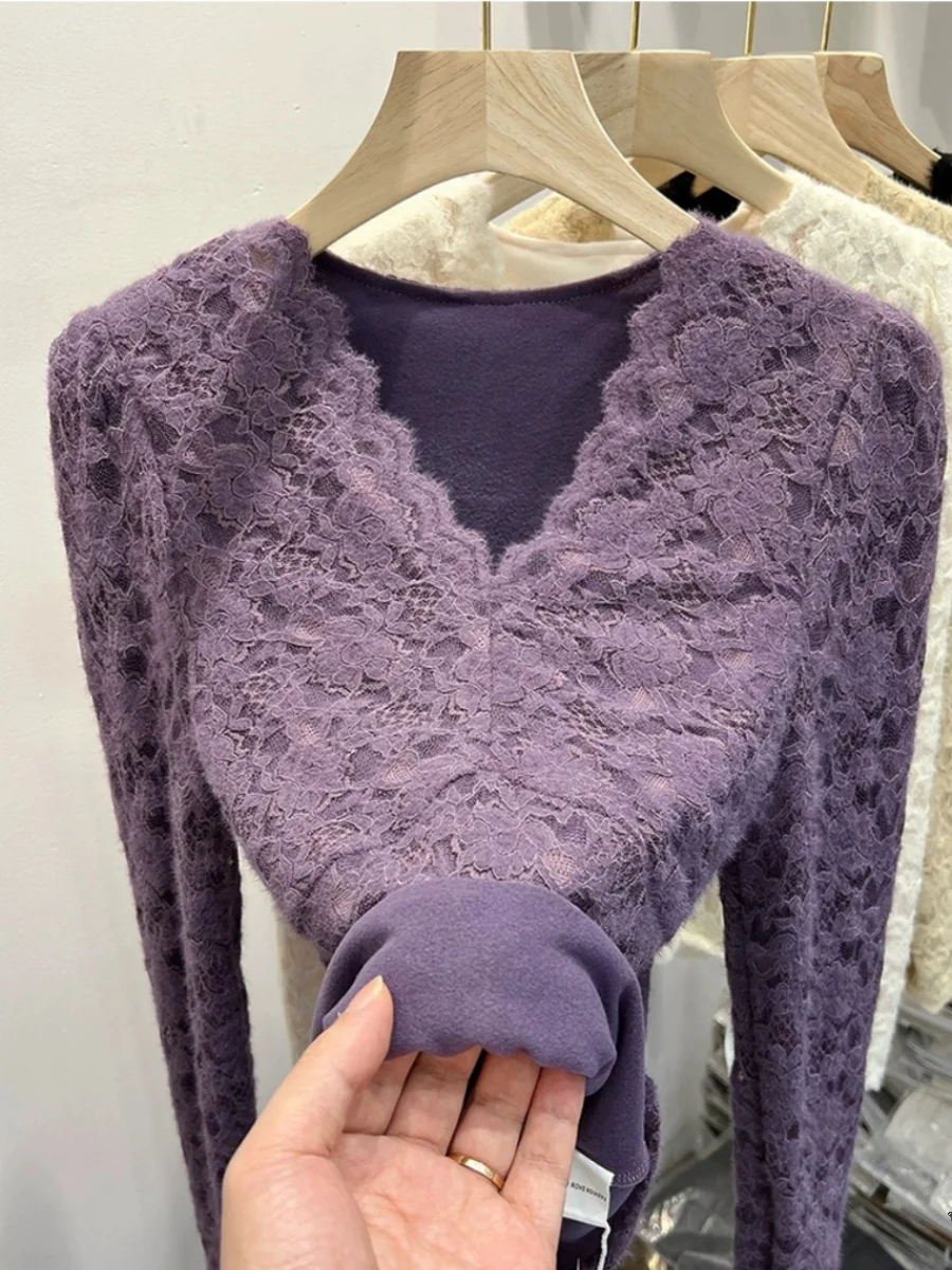 

Fce Lined Thiened Lace Base irt Женская зимняя внутренняя одежда Топ Sexy V Ne Sli Small irt Корейский Sle Long Sve