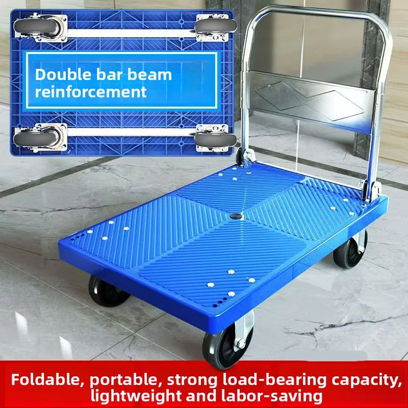 Trolley, zusammenklappbar, für Waren, kleiner Zugwagen, Lageranhänger, tragbar, vierrädrig, geräuschloser Betrieb, flacher LKW