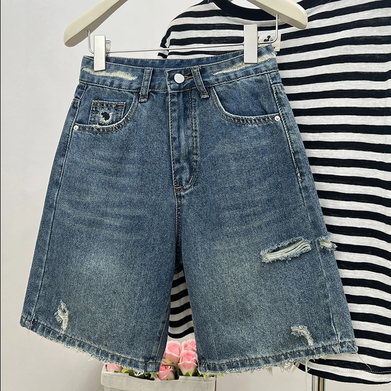 

Summer Denim Shorts Women's Loose Korean Style Retro Short Jeans Fashion Washed Casual Knee Length Pant New Streetwear