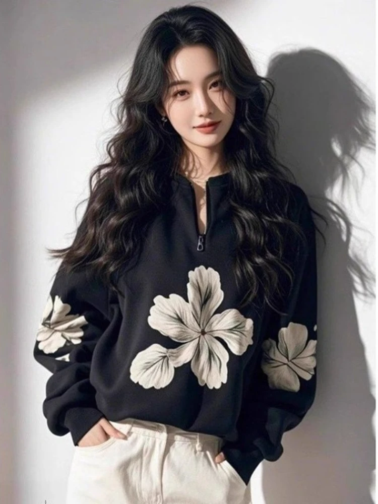 

Y2k Half Zipper Flower Print Black Sweatshirts Long Sleeve Loose All-match Casual Tops Mujer 2025 Spring New Coat Women