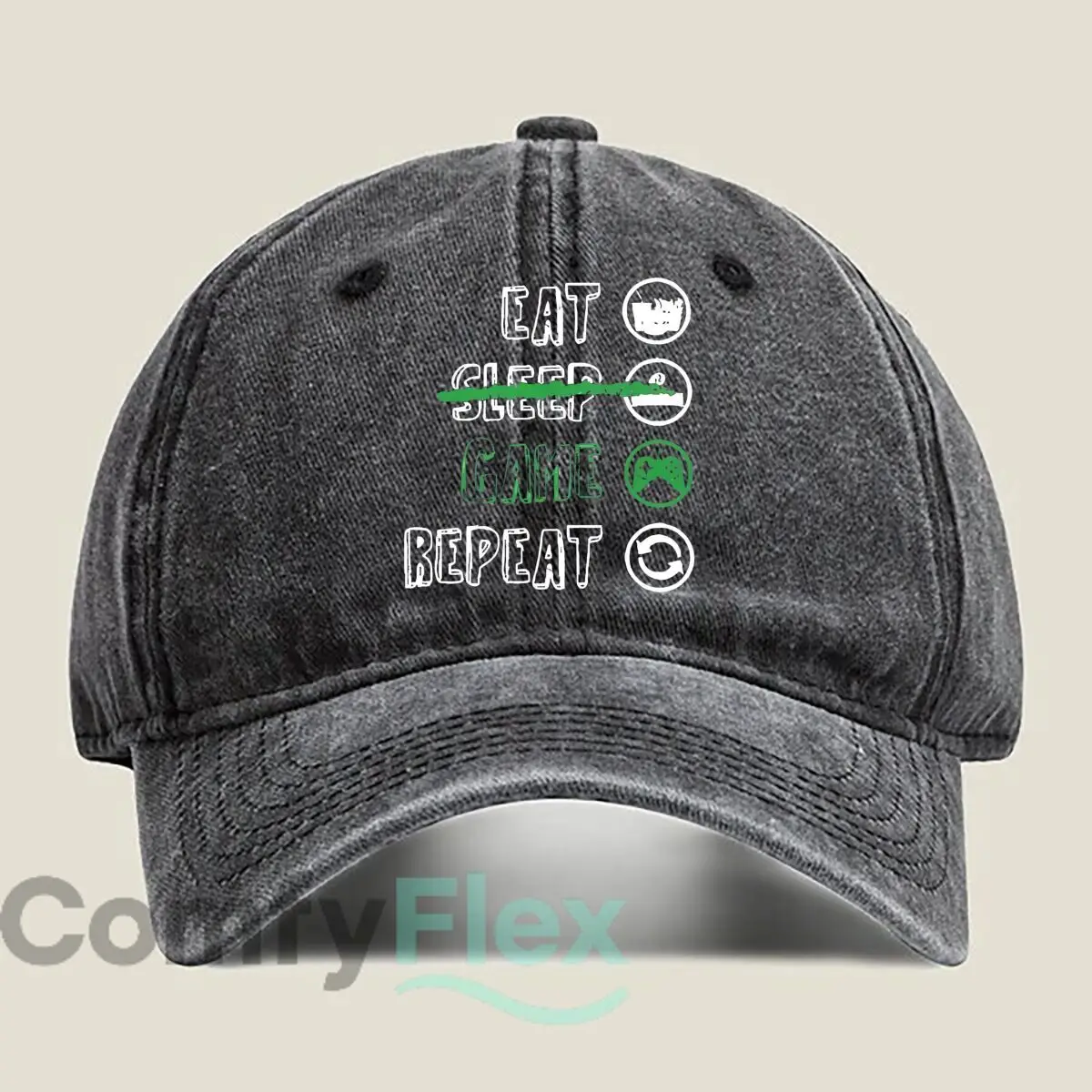 “Eat Sleep Game Repeat” Lifestyle Graphic Unisex Adjustable Adult Washed Baseball Cap Casual Hat