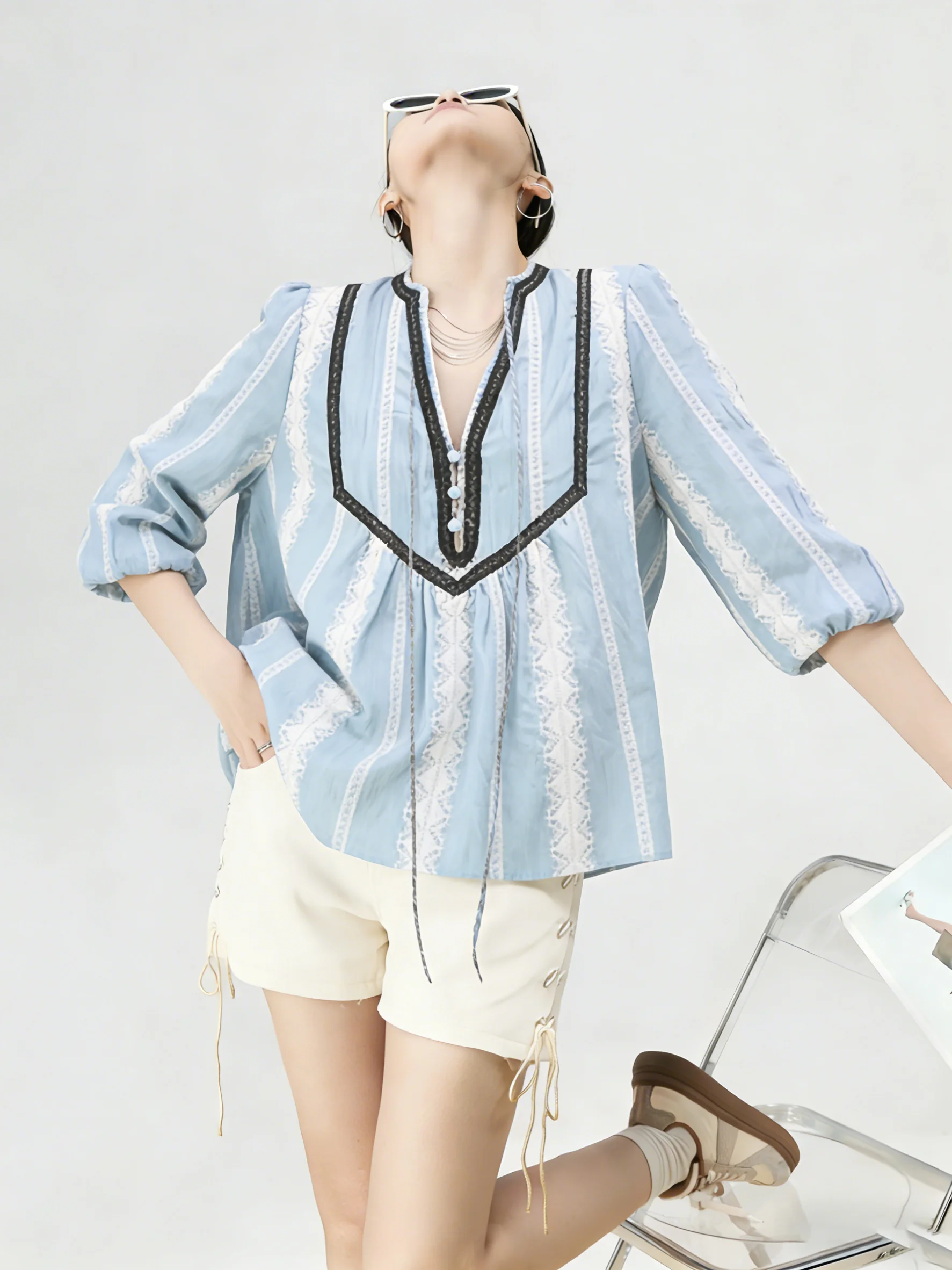 

Blue Long Sleeve Embroidered Shirt V-Neck Tie Waist Design Casual Loose Fit Women's Summer New Style Fashionable Chinese Style