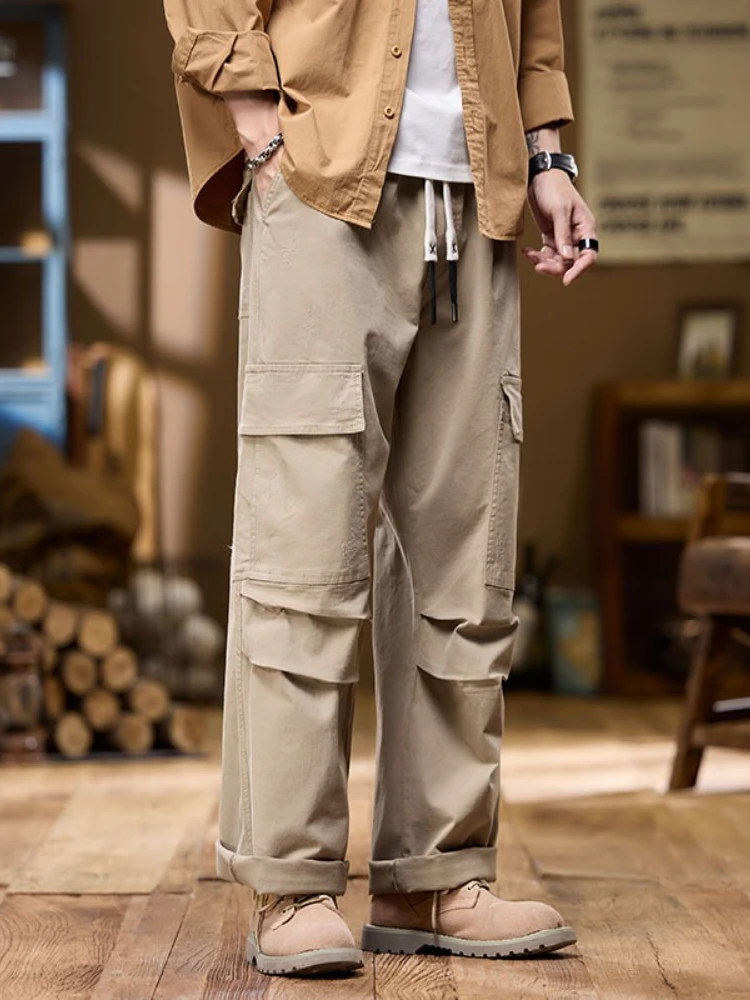 Celana Katun 100% Pria 2025 Celana Olahraga Serut Kasual Longgar Baru Musim Gugur Celana Lebar Lurus Pemuda Saku Besar Mode