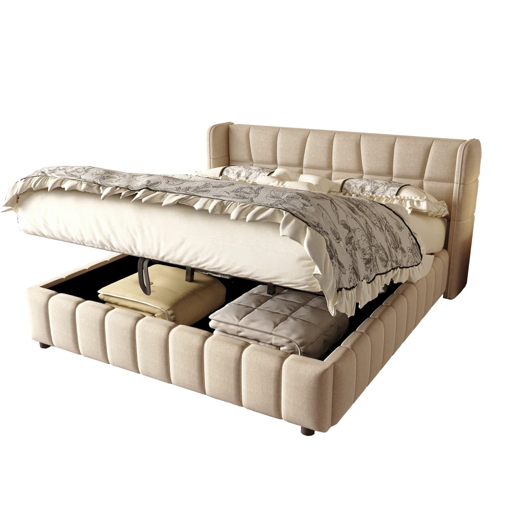 180x200cm gepolstertes Doppelbett mit pneumatischer Stauraum-Lattenrostunterlage und Rückenlehne – Leinenrahmen für Erwachsene und Jugendliche (ohne Matratze) – Detail 10