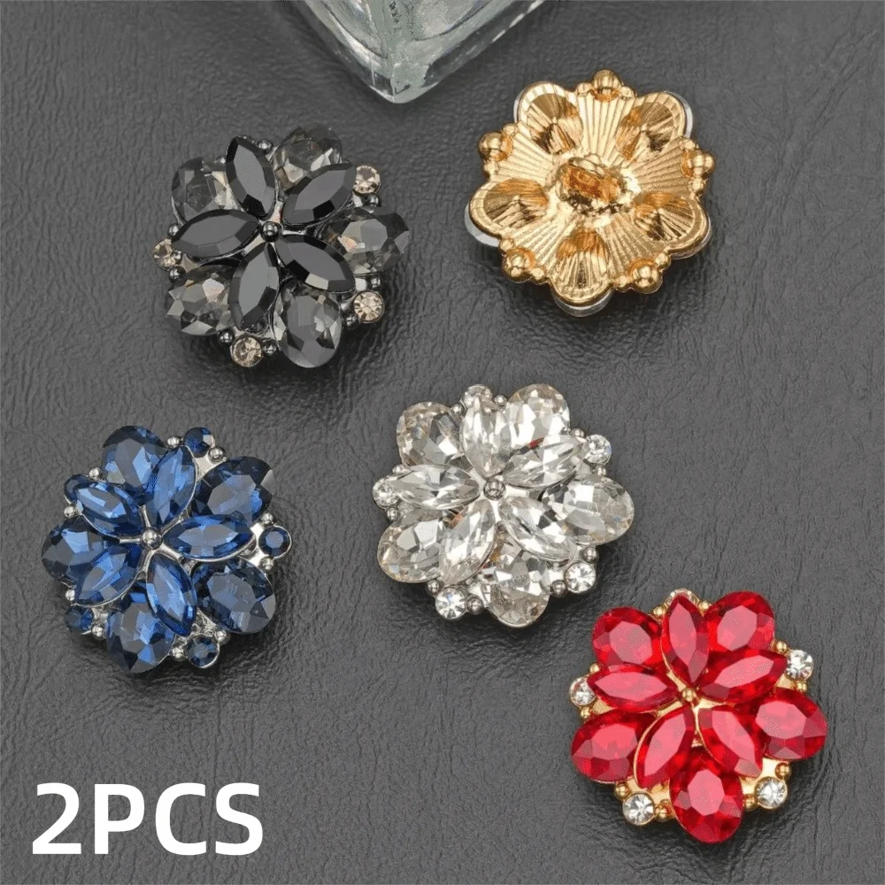 2pcs Metal Alloy Crystal Flower Buttons Diamond Embedded Hollow Design Metal Alloy Buttons Flower Shaped Buttons Wool Coat