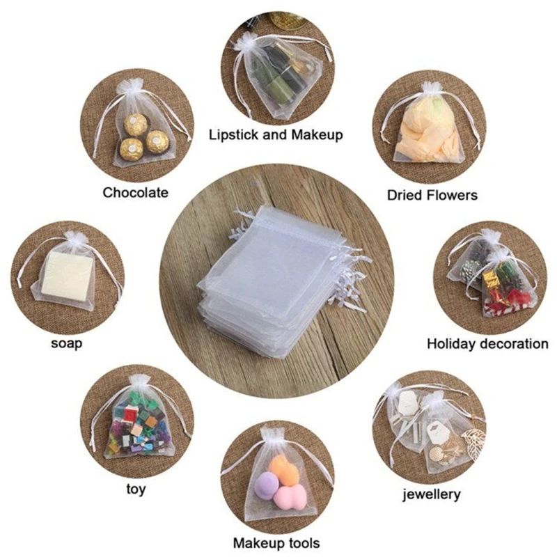 WhiteTulle Bag Drawstrings Pouches 7x9/9x12/10x15cm Jewelry Gift Display Packing Bags Wedding Gift Bag Sachet 50pcs Organza Bag