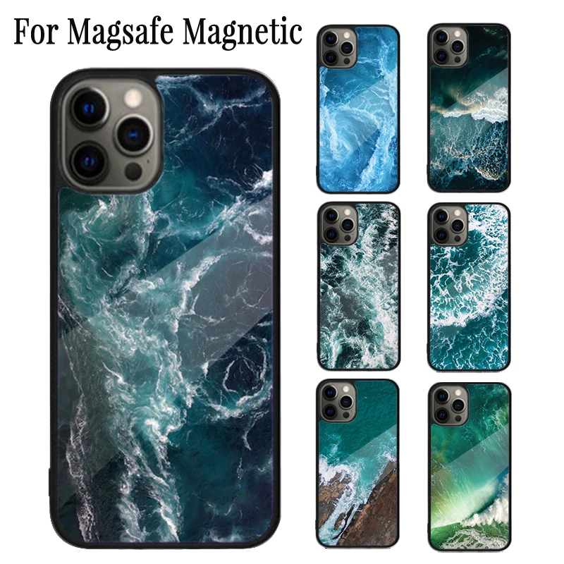 Blue Ocean Sea Waves Magnetic Phone Case Coque For iPhone 16 15 14 Plus 13 12 Mini 11 Pro Max Magsafe Wireless Charging Cover