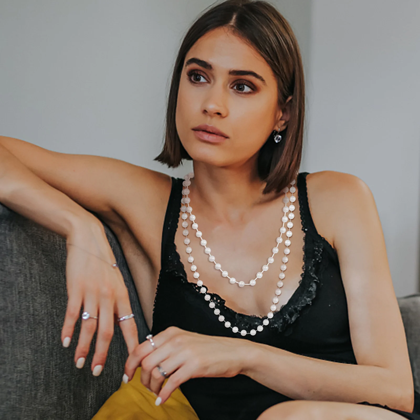 

1Set 1920s Party Accessories Pearl Necklace Bracelet Dangling Earrings Long Gloves Silk Stockings Headband Lace Fan Cocktail