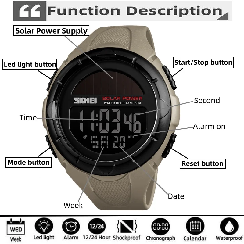 Skmei Solar Power Men's Sport's Watches Fashion PU Strap 50M Waterproof Alarm Clock Led Chronograph Digital Time