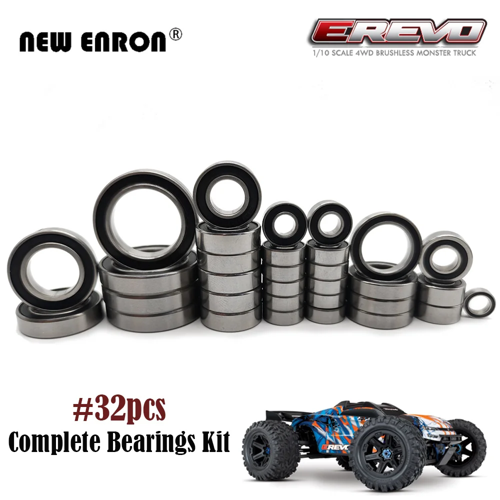 Chrome Steel Complete Bearings 32Pc/Kit Black Rubber Sealed Pre-Greased For RC Car 1/10 Traxxas E-Revo ERevo 2.0 VXL Brushless