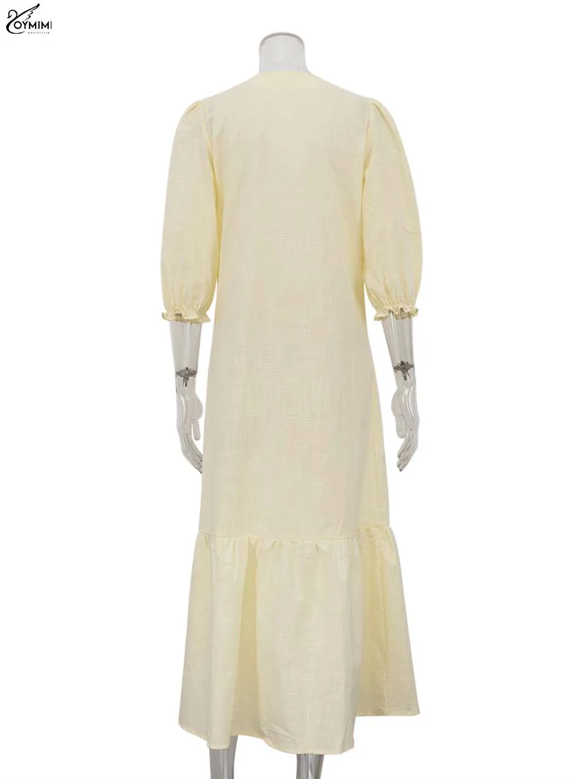 Oymimi elegante abito da donna in cotone giallo moda scollo a v abiti a maniche a tre quarti autunno abito monopetto alla caviglia