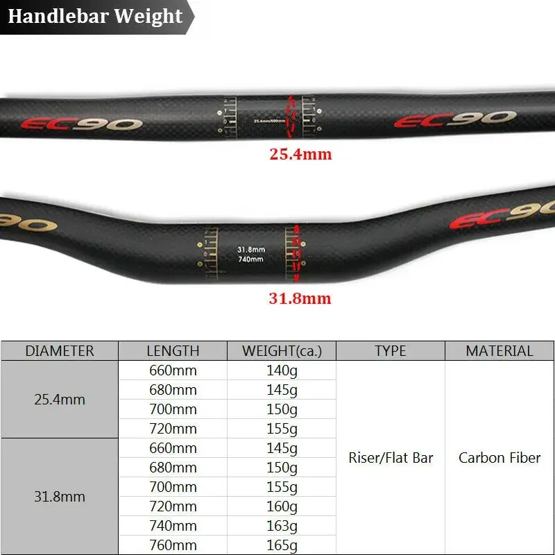 EC90 25.4/31.8mm Carbon Bicycle Handlebar 660/680/700/720/740/760 MTB Riser Bar 31.8mm 25.4mm DH Bike Handle Flat Bar