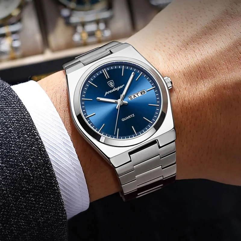 POEDAGAR Merk Luxe Quartz Man Horloge Sport Mannen Horloges Waterdicht Datum Week Rvs heren Horloge Mannelijke Reloj + Box