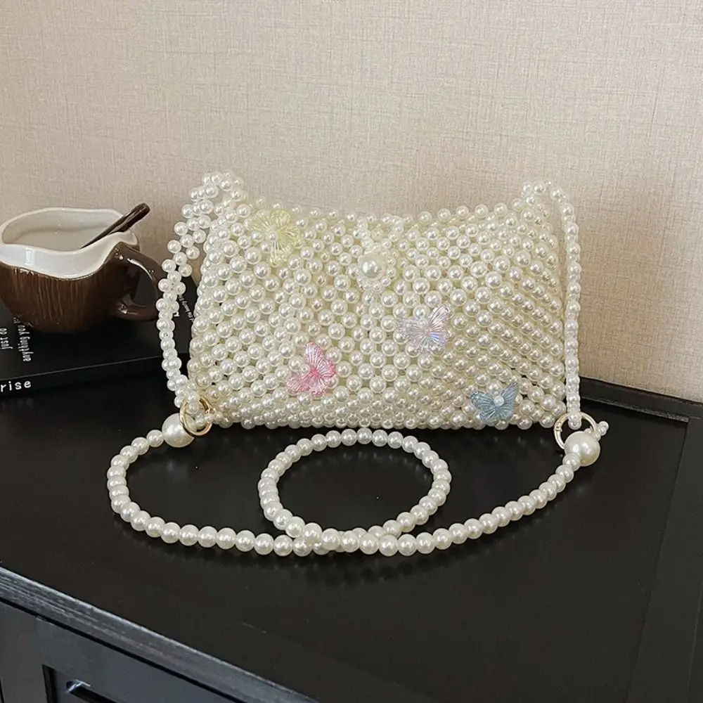

Casual Butterfly Pearl Evening Bag Dinner Bag Solid Color Beaded Clutch Bag Handmade Woven Banquet Bag Women