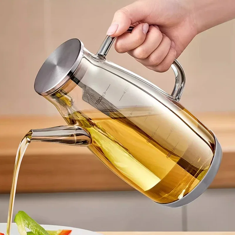 Household Kitchen Glass Oil Pot 600/800/1000ML Seasoning Bottle Container with Stainless Steel No Oil Hanging Tank