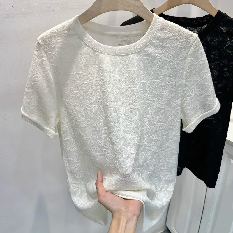 Y2k Aesthetic Occident Summer T-shirts O Neck Slightly Transparent Tees Jacquard Design Sense Fresh Women Clothing Chic Tops