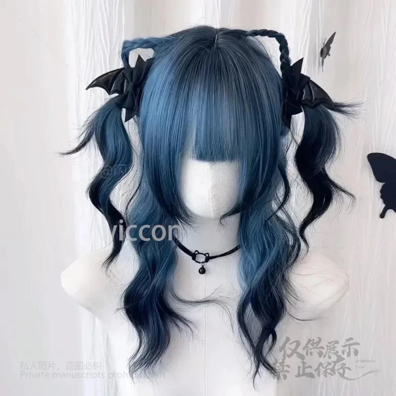 أزرق-أسود متدرج Y2K جيراي كي نمط الباروكات تأثيري حلي جديلة مقاومة للحرارة الشعر الاصطناعية موضة متوسطة الطول رقيق