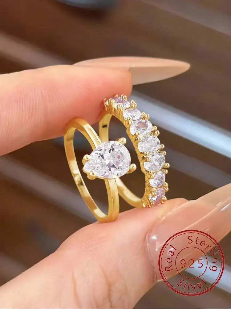 925 Sterling Silber Wassertropfen Doppelschicht Zirkon Ring Für Frauen Hochzeit Prom Party Luxus Mode Hohe Qualität Edlen Schmuck