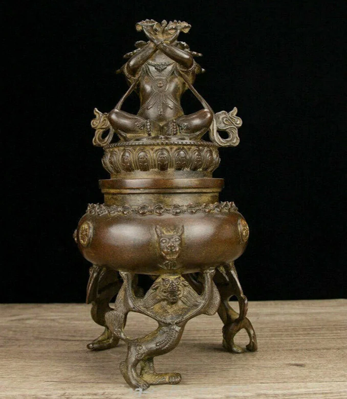 Antique Pure Bronze Vajra Mahakala Wrathful Deity Buddha Incense Burner Censer&