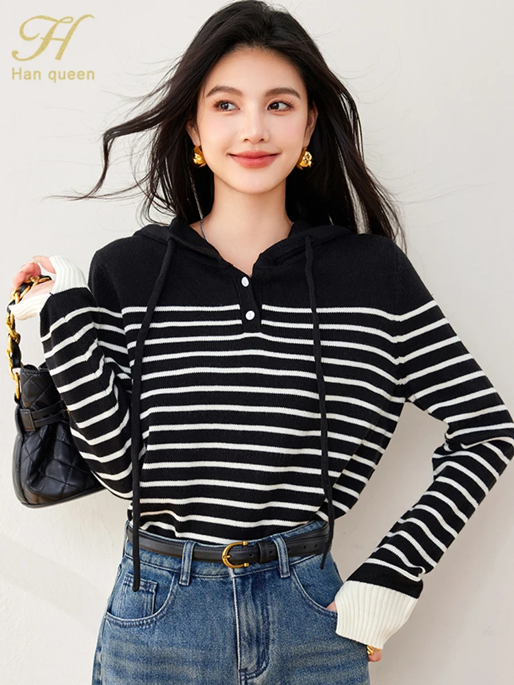 

H Han Queen Autumn Long Sleeve Pullovers Sweater Womens Korean Fashion Striped Hooded Elastic Pullovers Sweaters Knitwear