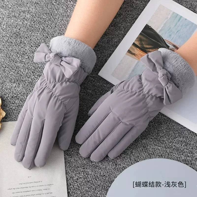 Winter Gloves Women Touch Screen Soft Skin-friendly Elegant Bow Wrist Outdoor Thicken Warm Cycling Driving Female Gloves