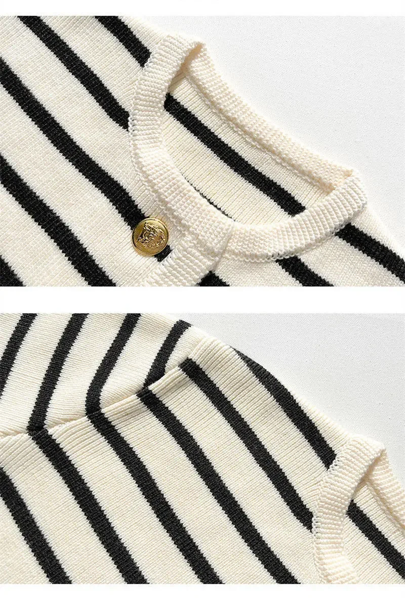 Women Knitted cardigan Striped Long Sleeve tops o-neck lady Knitwear with buttons Autumn and winter Women\'s sweater