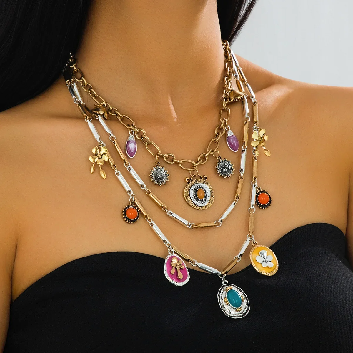 

Многослойное ретро-многоцветное разнообразное нерегулярное металлическое колье-колье с подвеской для женской повседневной носки и вечеринок, ювелирные изделия, подарок