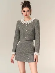 French Style High Quality Small Fragrance 2 Piece Lace Short Jacket Coat+Elegant A-line Pearl Skirt Winter High-end Fashion Sets