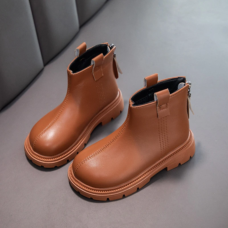 Dziecięce buty jesienne moda z okrągłym czubkiem PU skórzane dziecięce pojedyncze buty przyczynowe wszechstronne wiosenne dziewczęce botki grube dno