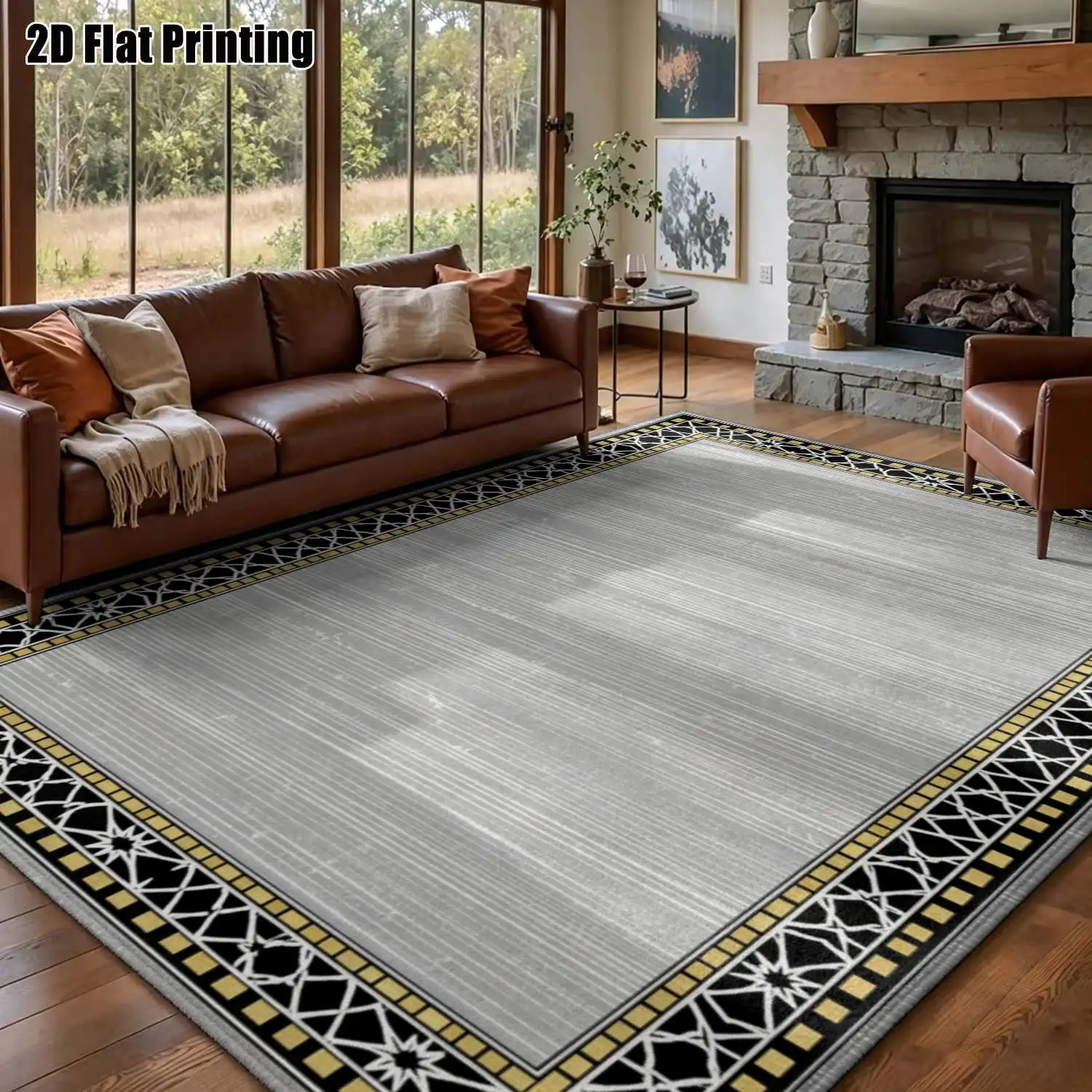 1Pc 2D Printed Carpet: Black-White Geometric Border, Vintage/European/Minimalist Geometric Striped, Machine Washable Multi-Size Home Decor Mat for Entryway, Dining Room, Foyer, Living Room, Bedroom, Study